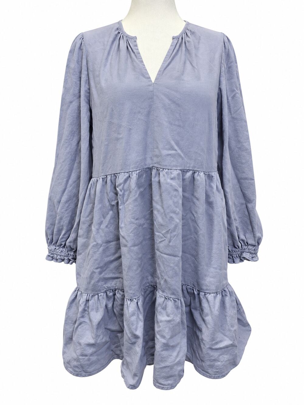 Cynthia Rowley Linen Blend Tiered Dress Women’s L Blue Gray Ruffle Boho